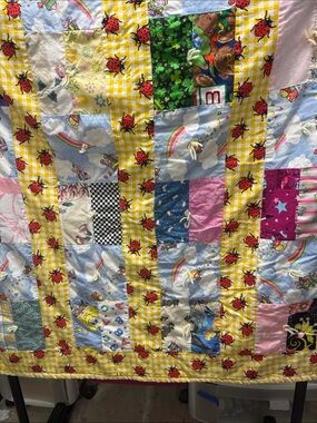 Colorful Ladybug Patchwork Quilt with Yellow Gingham Accents